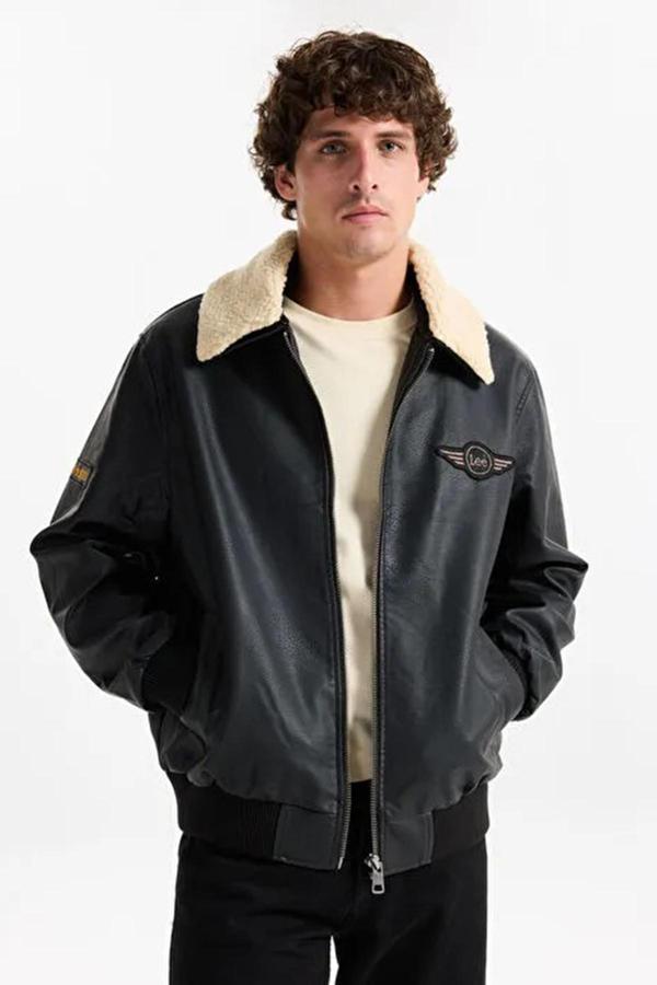 Lee Relaxed Fit Logolu Fermuarlı Erkek Deri Ceket L2520280 001 SİYAH - Image 1
