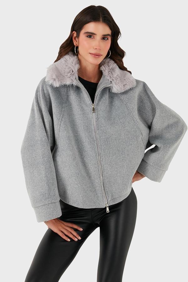 Lela Pamuk Karışımlı Oversize Kürklü Yaka Yarasa Kol Kışa Kaşe Bayan Mont 6839660 GRİ - Image 1