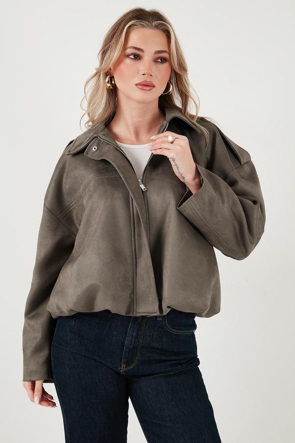 Lela Oversize Fit Klasik Yaka Süet Dokulu Bomber Ceket Bayan Mont 6524932 HAKİ - Image 1