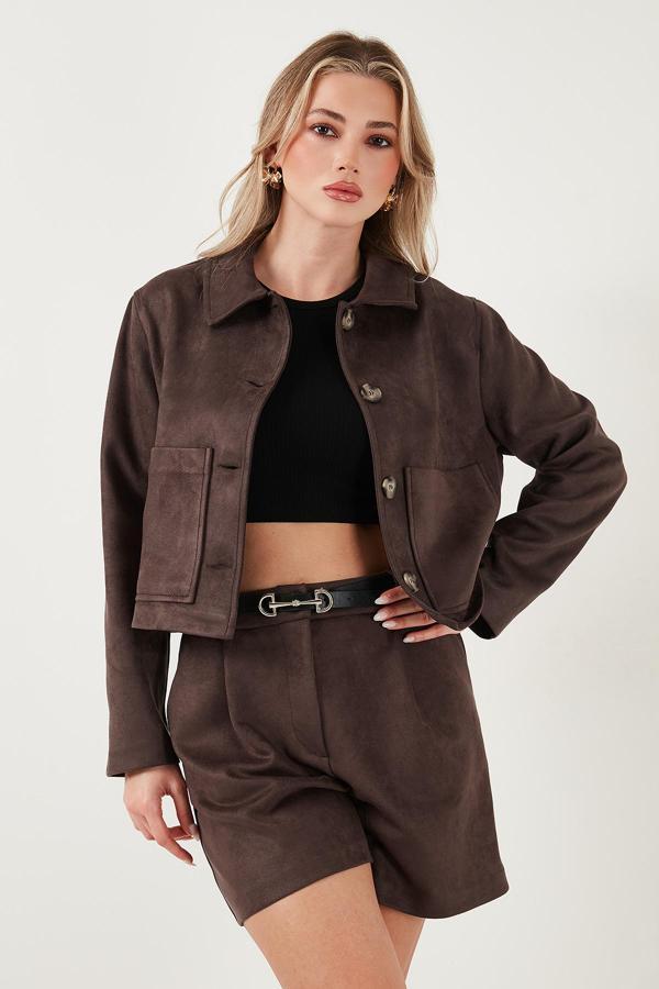 Lela Regular Fit Klasik Yaka Süet Dokulu Cep Detaylı Bayan Ceket 6524992 KAHVE - Image 1