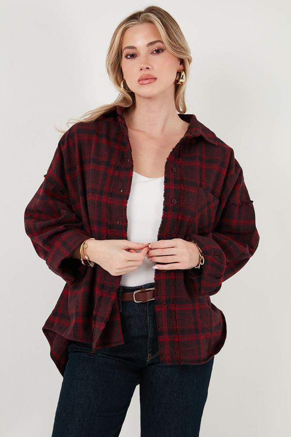 Lela Ekoseli Pamuklu Oversize Fit Klasik Yaka Bayan Gömlek 6835002 MÜRDÜM - Image 1