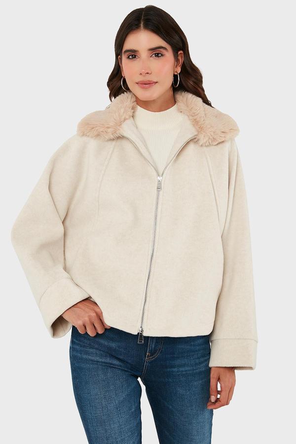 Lela Pamuk Karışımlı Oversize Kürklü Yaka Yarasa Kol Kışa Kaşe Bayan Mont 6839660 TAŞ - Image 1