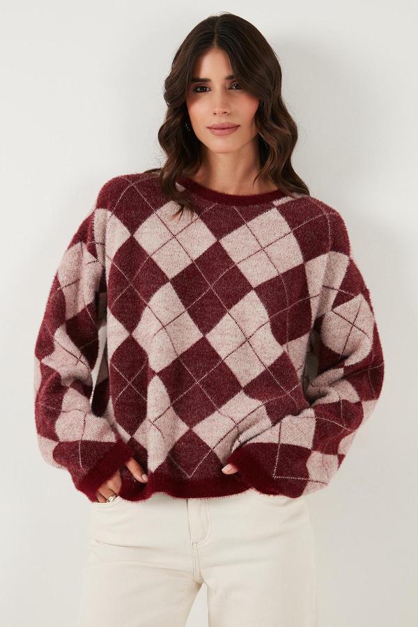 Lela Baklava Desenli Oversize Bisiklet Yaka Yumuşak Dokulu Bayan Kazak 4616262 BORDO - Image 1