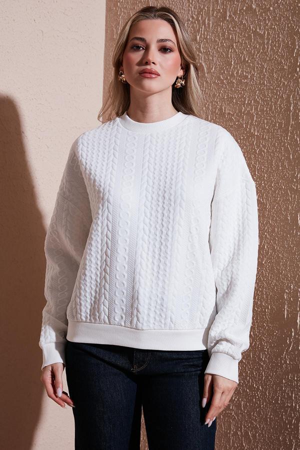 Fashion Friends Oversize Fit Bisiklet Yaka Bayan Sweat 25K0141K1 EKRU - Image 1