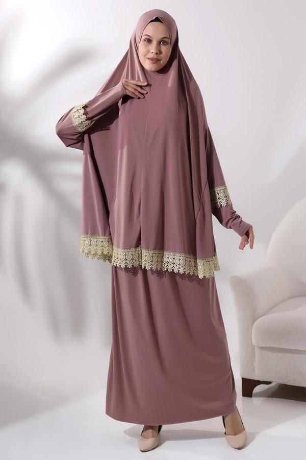 İki Parça Fistolu Pratik Alt Üst Namaz Elbisesi 8018 Gül Kurusu - Image 1