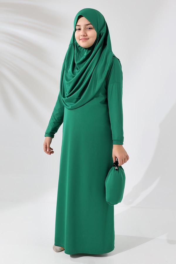 Tek Parça Pratik Başörtülü Çocuk Namaz Elbisesi Yeşil - Image 1