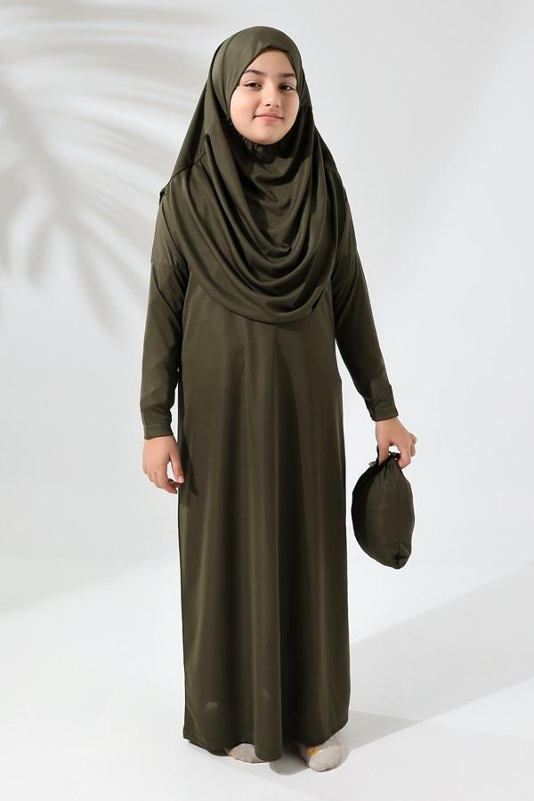 Tek Parça Pratik Başörtülü Çocuk Namaz Elbisesi Haki - Image 1