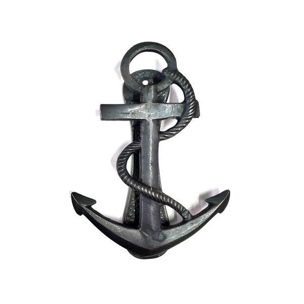 Antika Tarz Dekoratif Pirinç Halatlı, Çapa, Denizci, Gemici Kapı Tokmağı, Taktak - 170x60mm, Oksit - Image 1