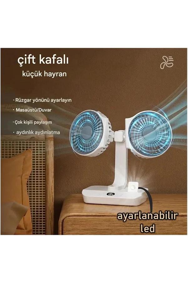 Masaüstü Dijital Ekranlı Çift Fanlı Led Işıklı Soğutucu Fan Ev Ofis Şarjlı Vantilatör - Image 1