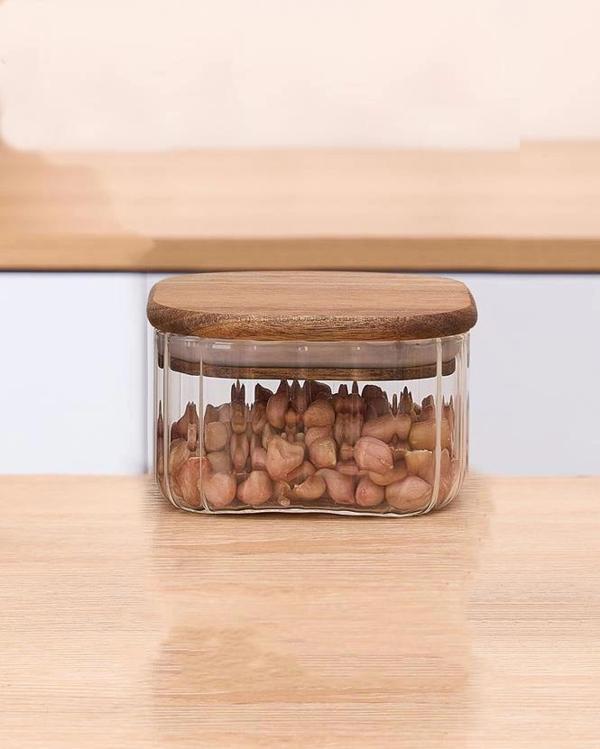 Mien MEN BOR062 Kare Bambu Kapaklı Cam Kavanoz 350 cc - Image 1