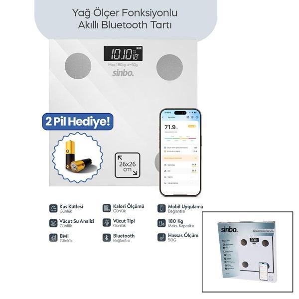 BEYAZ YAĞ ÖLÇER AKILLI BLUETOOTH CAM BASKÜL PİLLİ 180KG/50GR 26X26CM 8-KİŞİ HAFIZA LCD EKRAN ℃ GÖSTERGE SBS-4472 (2818) - Image 1
