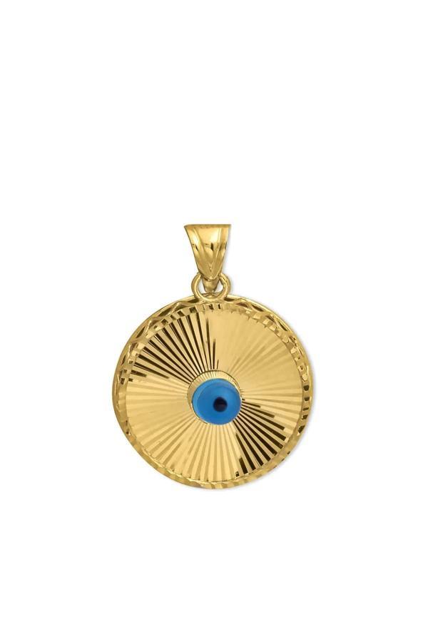 Nazar Boncuklu Kalemli Yuvarlak Altın Kolye Ucu - Image 1
