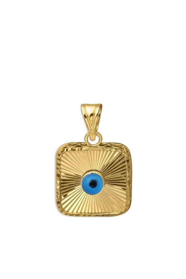 Nazar Boncuklu Kalemli Kare Altın Kolye Ucu - Image 1