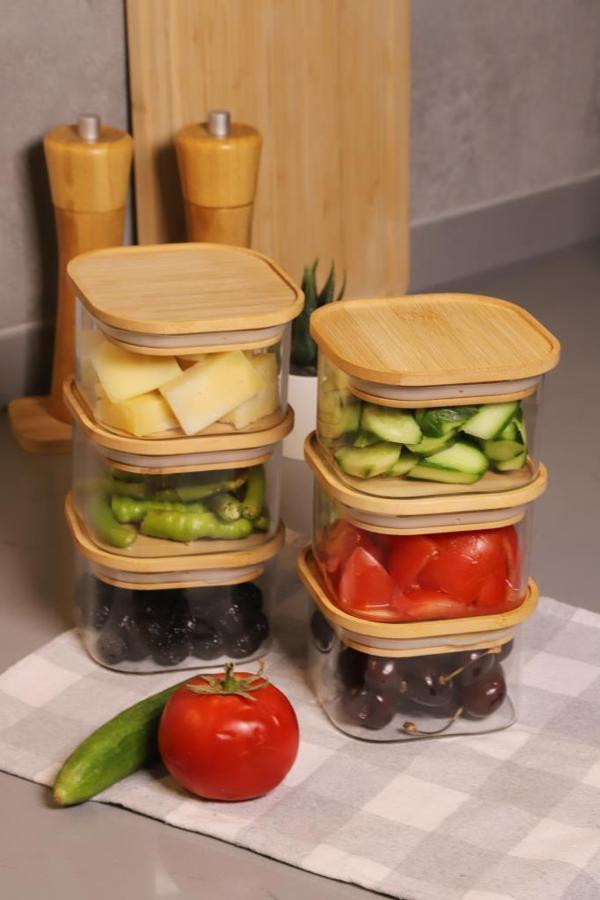 Duo 400ml 6'lı Bambu Vakumlu Kapaklı Cam Kahvaltılık Seti - Image 1