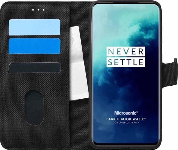 Microsonic OnePlus 7T Pro Kılıf Fabric Book Wallet Siyah - Image 1