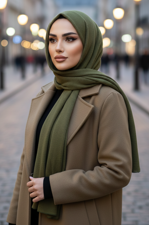 Haki Kapüşonlu Çıtçıtlı Şal - Image 1