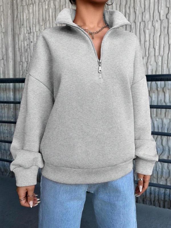 3 iplik Şardonlu yarım fermuarlı sweatshirt gri - Image 1