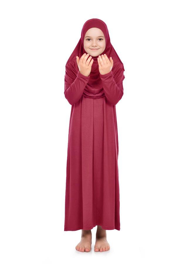 Pratik Başörtülü Tek Parça Kız Çocuk Namaz Elbisesi 9-11 Yaş Kırmızı - Image 1