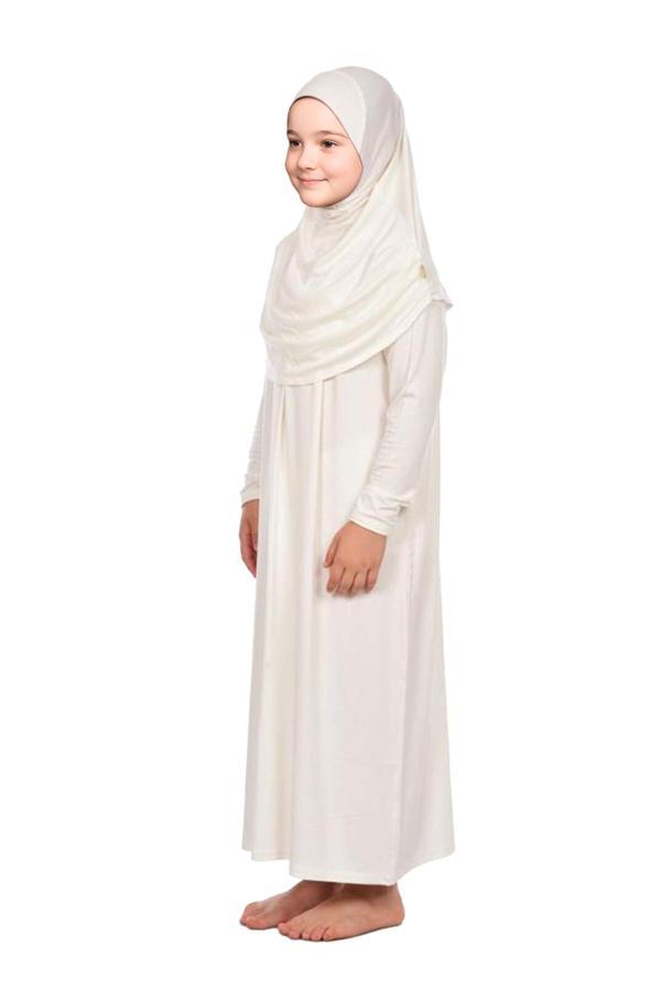 Pratik Başörtülü Tek Parça Kız Çocuk Namaz Elbisesi 9-11 Yaş Krem - Image 1