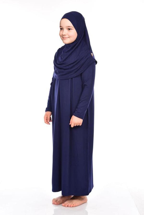 Pratik Başörtülü Tek Parça Kız Çocuk Namaz Elbisesi 9-11 Yaş Lacivert - Image 1
