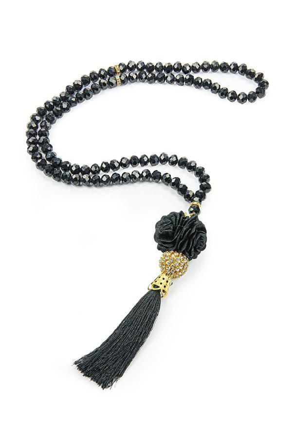 Gül Püskülü Detaylı Kristal Görünümlü 99lu Hac Umre Hediyelik Tesbih Siyah - Image 1