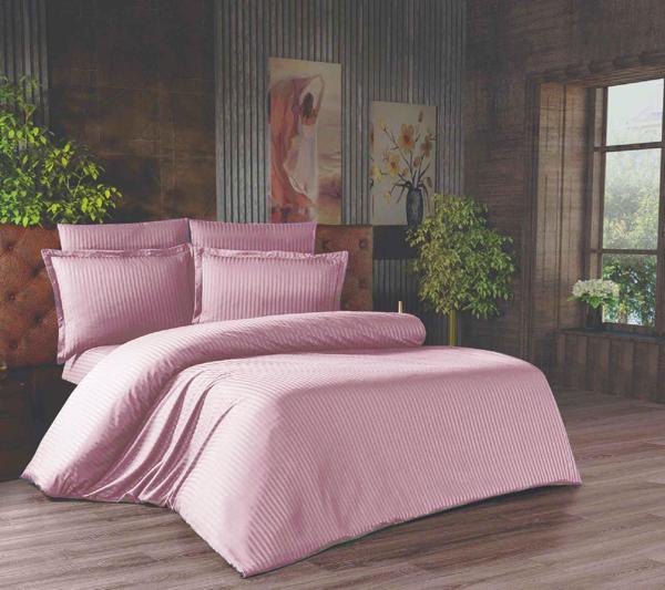 Çift Kişilik Çizgili Saten Nevresim Takımı - 200x220 - 6 Parça Pamuklu Yatak Seti - Gül Kurusu - Image 1