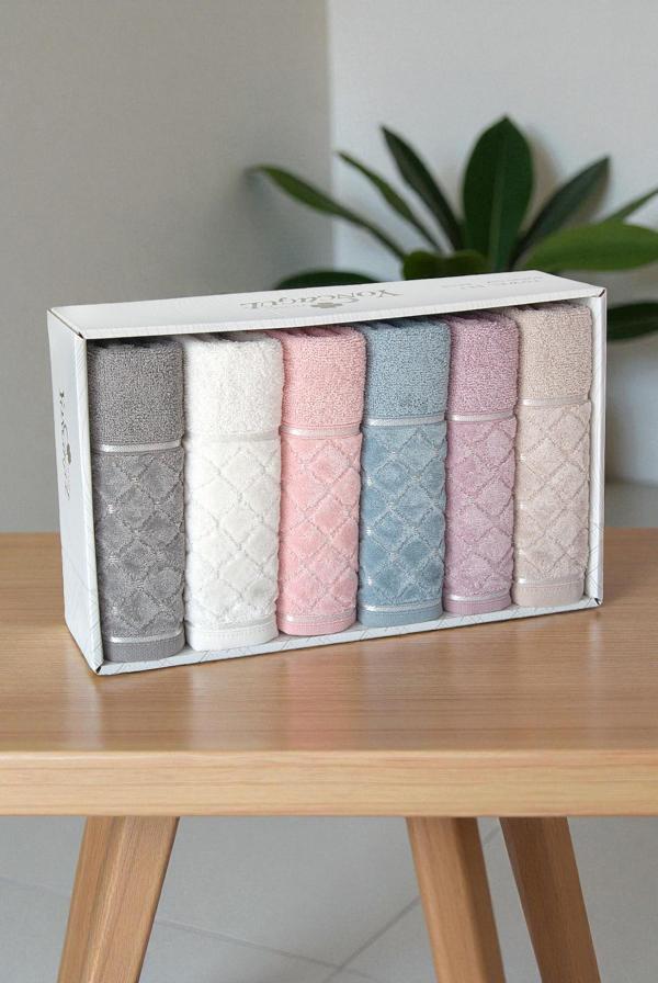 Jakarlı %100 Pamuklu 6'lı Lüks Kutulu Çeyizlik El Yüz Havlu Seti - 50x90 - 00050 - Image 1