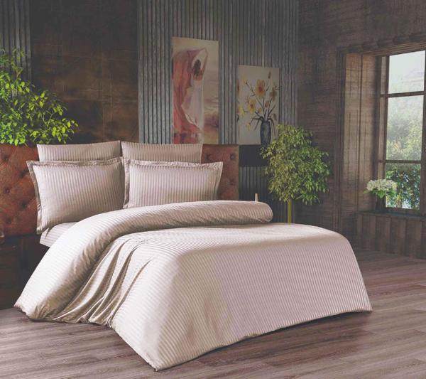 Çift Kişilik Çizgili Saten Nevresim Takımı - 200x220 - 6 Parça Pamuklu Yatak Seti - Kahverengi - Image 1