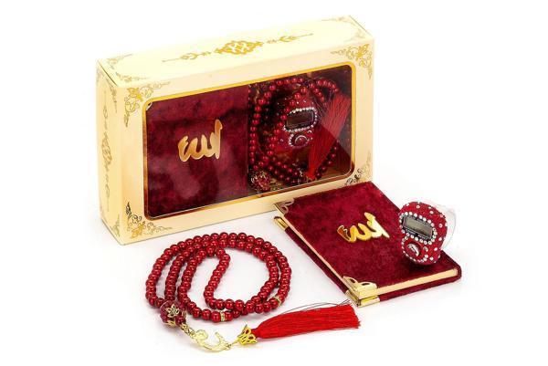 Taşlı Zikirmatik - Mini Kadife Yasin - İnci Tesbihli Hediyelik Set - Bordo Renk - Image 1