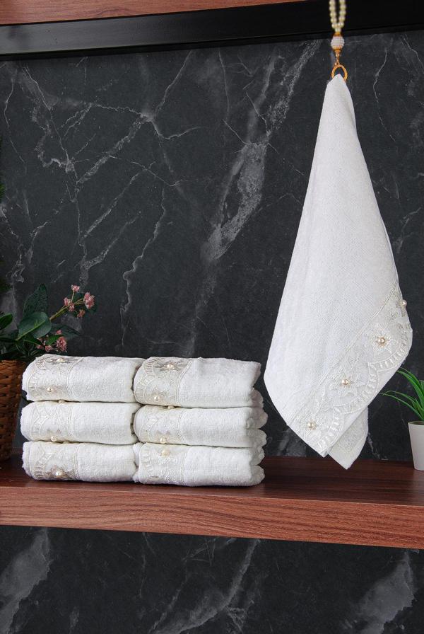 % 100 Pamuklu Kadife Güpürlü İnci Işlemeli 6 lı Çeyizlik El Yüz Havlu Seti - 30x50 cm - 04466 - Beyaz - Image 1