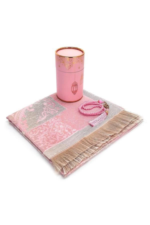 Seccadeli ve İnci Tesbihli Özel Silindir Kutulu Set Pembe - Image 1