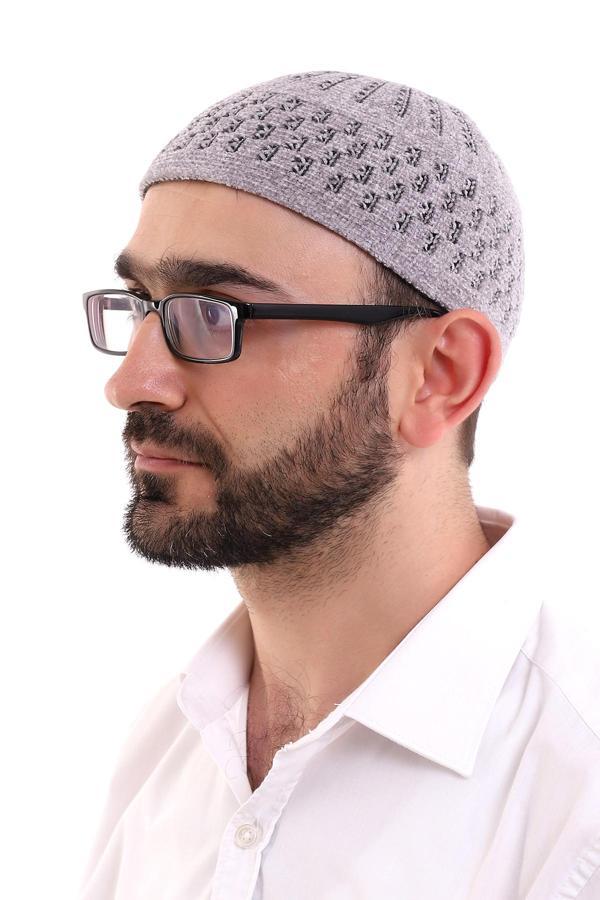 Kışlık Kadife Takke Hasır Desenli - Gri - Image 1