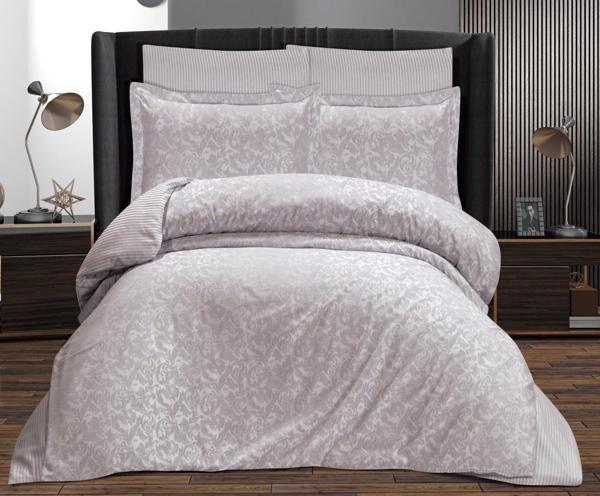 Çift Kişilik Sarmaşık Jakarlı Saten Double Nevresim Takımı - 200x220 - 7 Parça Pamuklu Yatak Seti - Gri - Image 1