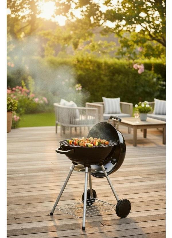 Yuvarlak Kömürlü Mangal 44 cm Krom Izgara Kapaklı Tekerlekli - Image 1