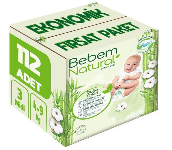 Bebem Bebek Bezi Natural Beden:3 (4-9Kg) Midi 112 Adet Ekonomik Fırsat Pk - Image 1