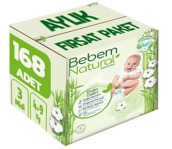 Bebem Bebek Bezi Natural Beden:3 (4-9Kg) Midi 168 Adet Aylık Fırsat Pk - Image 1