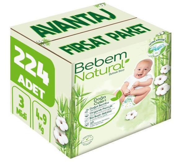 Bebem Bebek Bezi Natural Beden:3 (4-9Kg) Midi 224 Adet Avantaj Fırsat Pk - Image 1