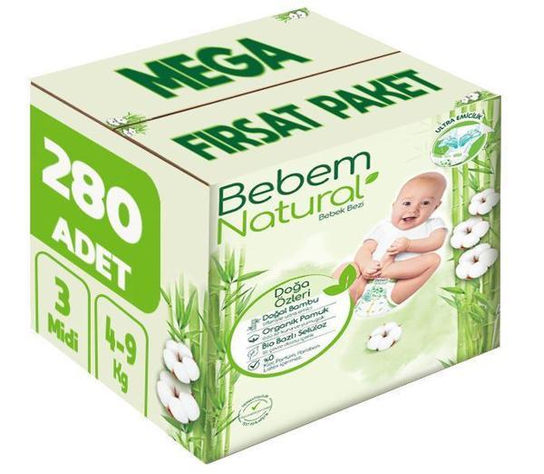 Bebem Bebek Bezi Natural Beden:3 (4-9Kg) Midi 280 Adet Mega Fırsat Pk - Image 1