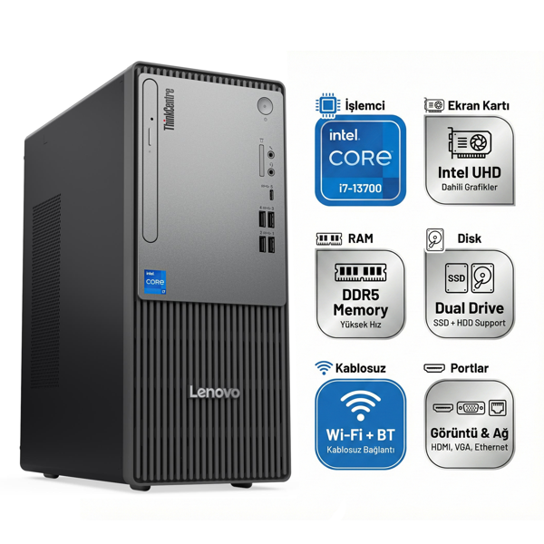 Lenovo ThinkCentre Neo 50T Gen 5 Intel Core i7-13700 64GB 1TB SSD Windows 11 Pro Masaüstü Bilgisayar 12UB000HTR 013 - Image 1
