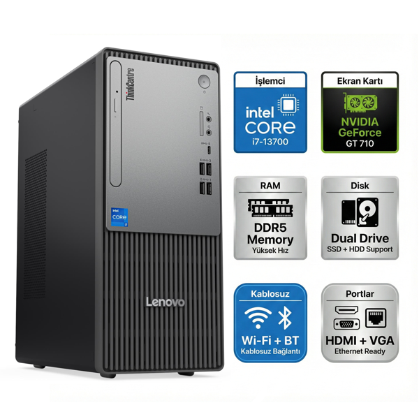 Lenovo ThinkCentre Neo 50T Gen 5 Intel Core i7-13700 8GB 512GB SSD 4 GB GT710 Freedos Masaüstü Bilgisayar 12UB000HTR 016 - Image 1