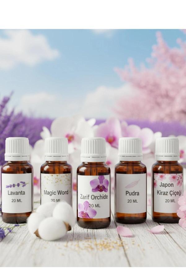 Uçucu Yağ Hava Nemlendirici Kokusu 20 ML 5 Li Set Lavanta / Japon Kirazı / Pudra / Magic Word /Zarif - Image 1