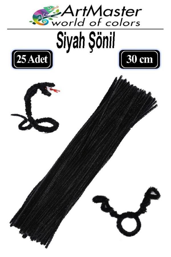 Şönil Siyah 30 cm 25 Li 1 Paket Renkli Tüylü Tel Şönil Pipo Temizleyici Okul Öncesi Anasınıfı Kreş Hobi Eğitici - Image 1