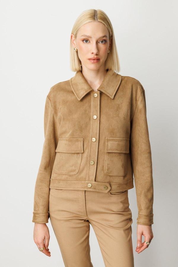 Ekol Kadın Kapak Cepli Güderi Mont 8017 Vizon - Image 1