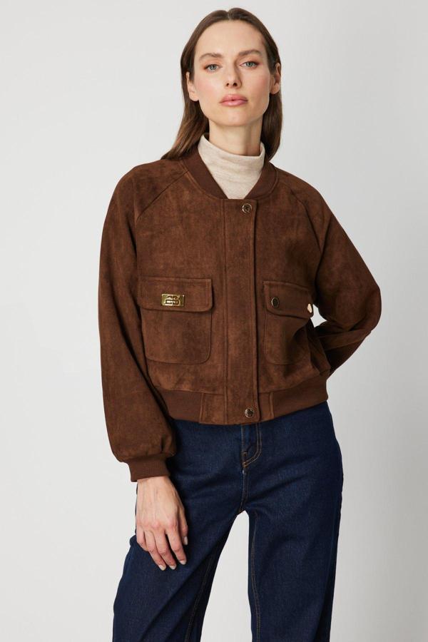 On Kadın Kapak Cepli Süet Crop Mont 60705 Kahverengi - Image 1