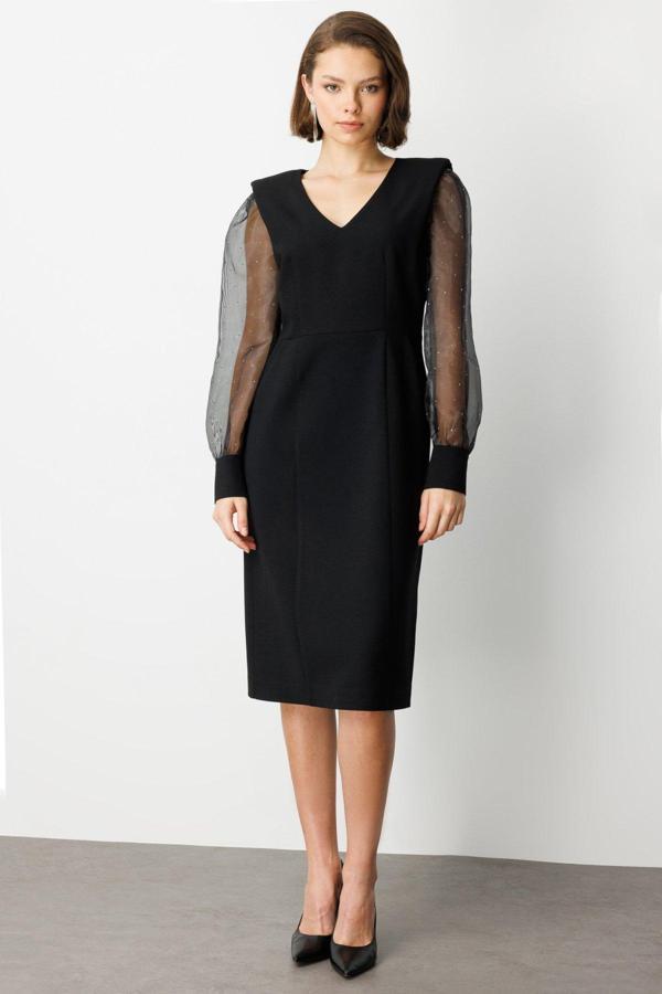 Ekol Kadın Kolları Taşlı V Yaka Midi Elbise 4025 Siyah - Image 1