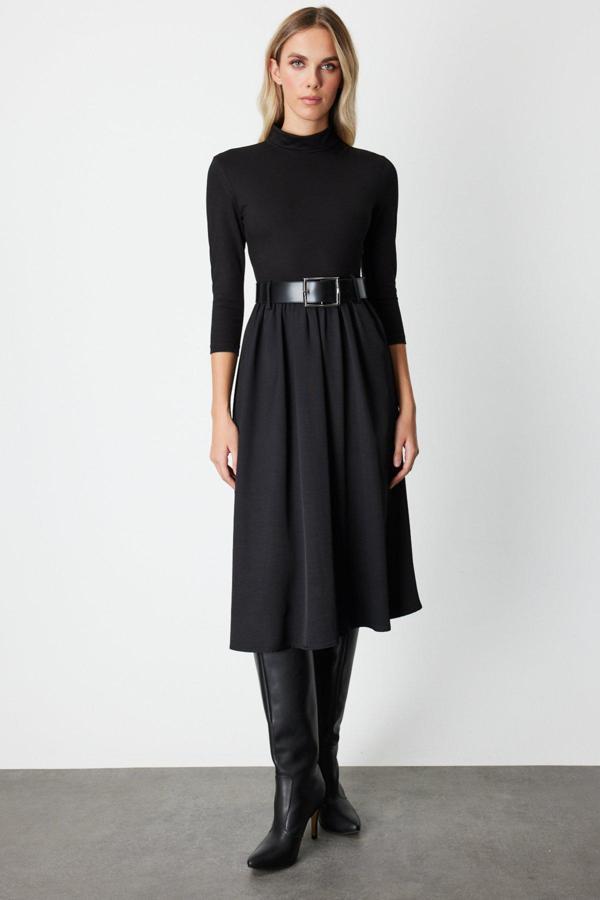 On Kadın Beli Kemerli Mix Kumaş Midi Elbise 64410 Siyah - Image 1