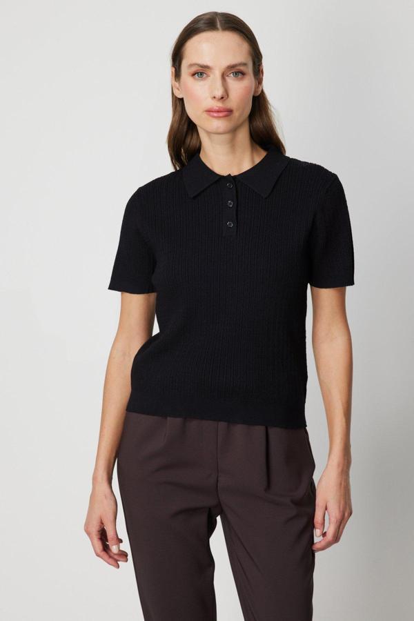 On Kadın Örgülü Kısa Kollu Triko Kazak 60314 Siyah - Image 1