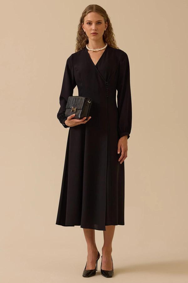 Seçil Kadın Düğme Detaylı Kruvaze Elbise 0005 Siyah - Image 1