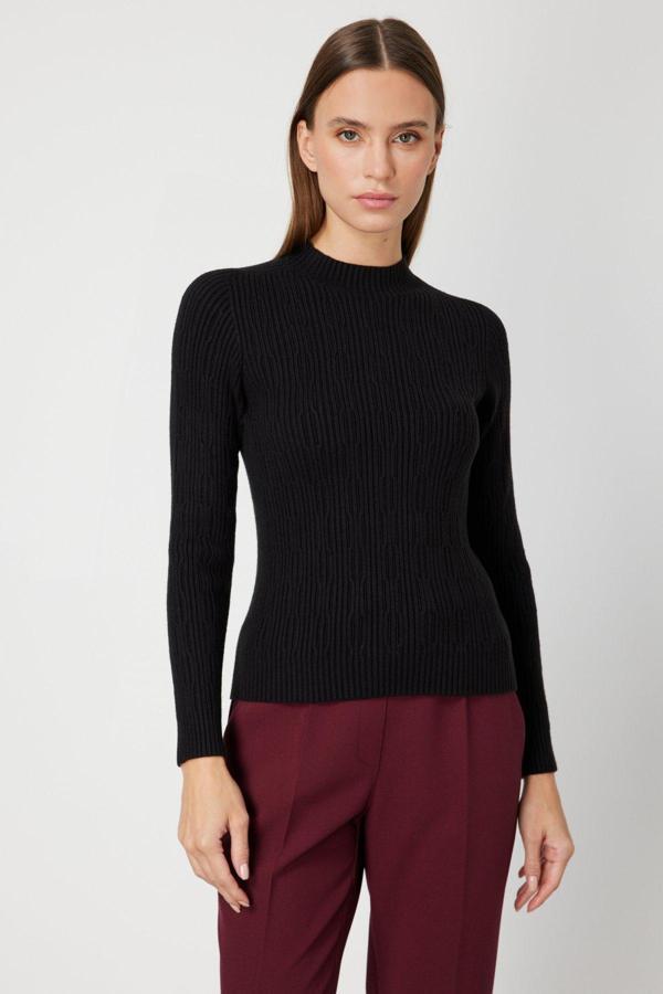 On Kadın Sıfır Yaka Örgü Desenli Triko Kazak 69314 Siyah - Image 1