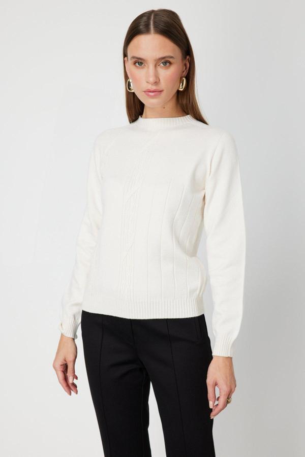 On Kadın Örgülü Sıfır Yaka Triko Kazak 69313 Ekru - Image 1